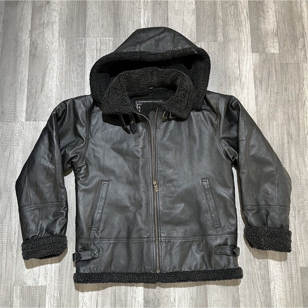 Leather Limited Mens XL Black Leather Sherpa Lined Hooded Bomber Jacket Aviator